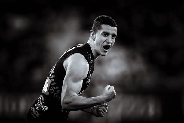 Jason Castagna of the Tigers celebrates a goal during the round 17 AFL match between Richmond Tigers and Collingwood Magpies at Melbourne Cricket...