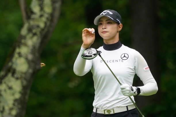Asuka Kashiwabara of Japan hits her tee shot on the 2nd hole during the final round of the Nipponham Ladies Classic at Katsura Golf Club on July 11,...