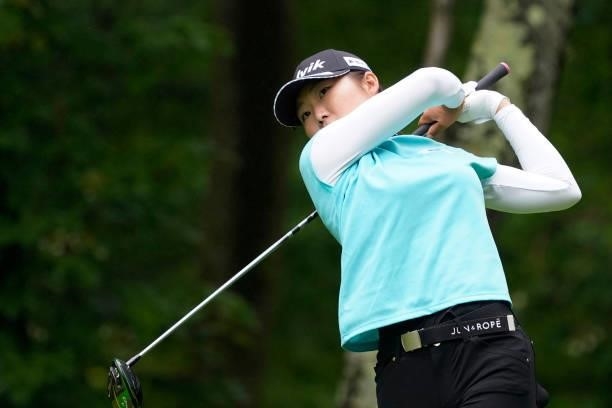 Rio Ishii of Japan hits her tee shot on the 3rd hole during the final round of the Nipponham Ladies Classic at Katsura Golf Club on July 11, 2021 in...