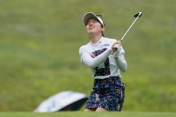 Yuna Nishimura of Japan reacts on the 5th hole during the final round of the Nipponham Ladies Classic at Katsura Golf Club on July 11, 2021 in...