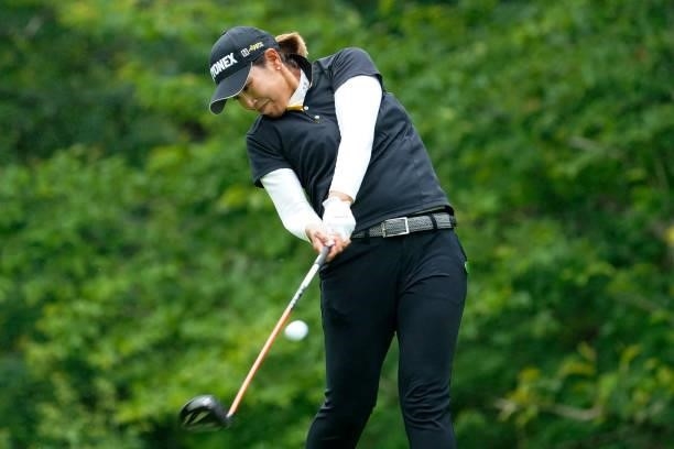 Maiko Wakabayashi of Japan hits her tee shot on the 4th hole during the final round of the Nipponham Ladies Classic at Katsura Golf Club on July 11,...