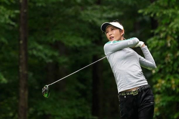 Kumiko Kaneda of Japan hits her tee shot on the 3rd hole during the final round of the Nipponham Ladies Classic at Katsura Golf Club on July 11, 2021...