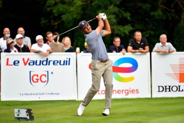 Hugo Leon of Chile plays his first shot on the 1st hole during Day Four of Le Vaudreuil Golf Challenge at Golf PGA France du Vaudreuil on July 11,...