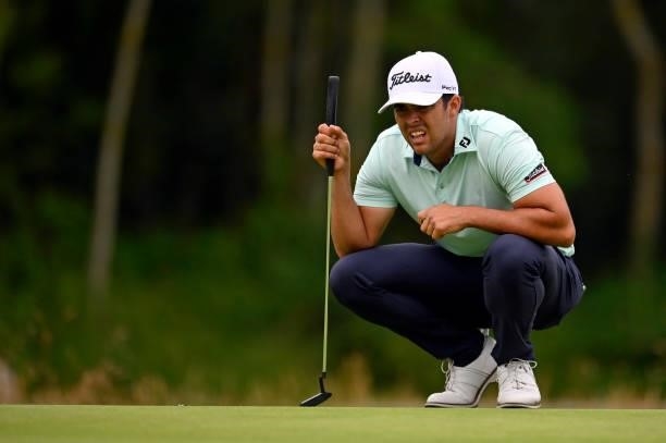 Dimitrios Papadatos of Australia lines for his putt on the 10th hole during Day Four of Le Vaudreuil Golf Challenge at Golf PGA France du Vaudreuil...