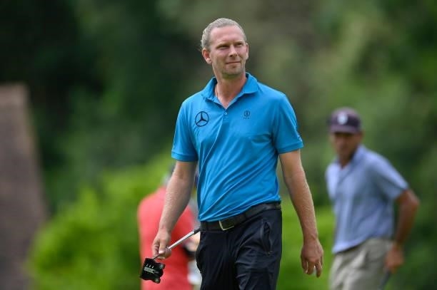 Marcel Siem of Germany reacts on the 10th hole green on during Day Four of Le Vaudreuil Golf Challenge at Golf PGA France du Vaudreuil on July 11,...