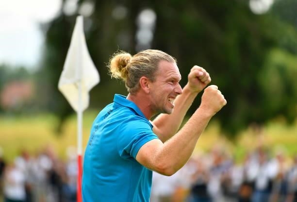 Marcel Siem of Germany reacts to his win during Day Four of Le Vaudreuil Golf Challenge at Golf PGA France du Vaudreuil on July 11, 2021 in Le...