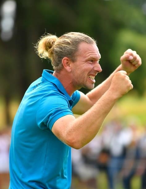 Marcel Siem of Germany reacts to his win during Day Four of Le Vaudreuil Golf Challenge at Golf PGA France du Vaudreuil on July 11, 2021 in Le...