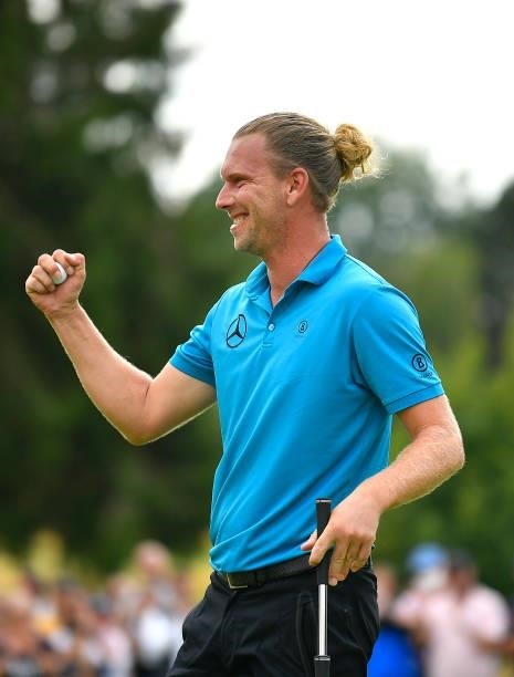 Marcel Siem of Germany reacts following victory in the Le Vaudreuil Golf Challenge at Golf PGA France du Vaudreuil on July 11, 2021 in Le Vaudreuil,...