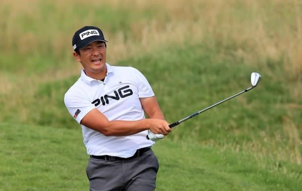 Ryutaro Nagano of Japan plays a shot during during practice for The 149th Open at Royal St George’s Golf Club on July 11, 2021 in Sandwich, England.
