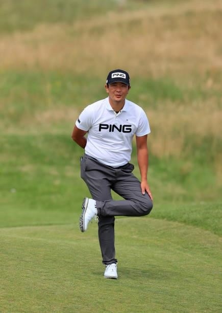 Ryutaro Nagano of Japan stretches during practice for The 149th Open at Royal St George’s Golf Club on July 11, 2021 in Sandwich, England.