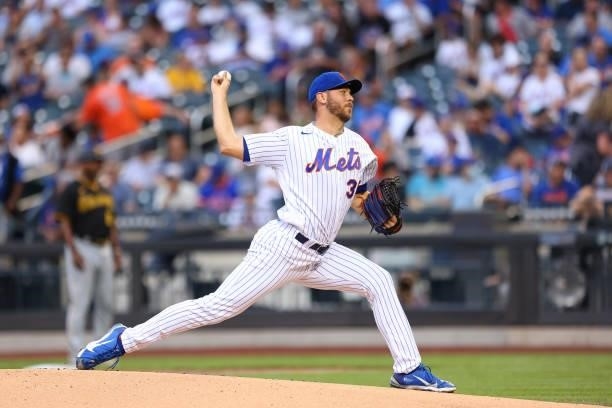 Tylor Megill of the New York Mets in action against the Pittsburgh Pirates during the second game of a double header at Citi Field on July 10, 2021...