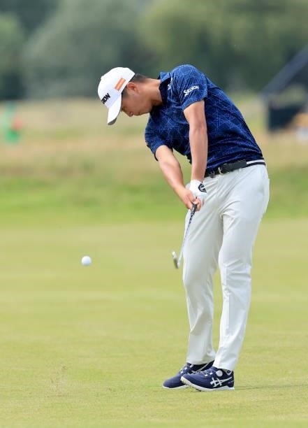 Rikuya Hoshino of Japan plays a shot during practice for The 149th Open at Royal St George’s Golf Club on July 11, 2021 in Sandwich, England.