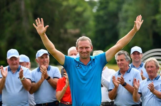Marcel Siem of Germany celebrate following victory in the Le Vaudreuil Golf Challenge at Golf PGA France du Vaudreuil on July 11, 2021 in Le...