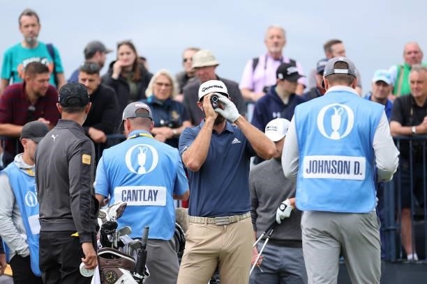 Dustin Johnson of the United States looks on during a practice round for The 149th Open at Royal St George’s Golf Club on July 11, 2021 in Sandwich,...