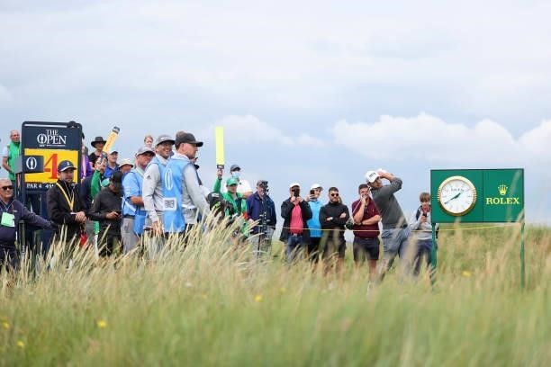 Patrick Cantlay of the United States tees off during a practice round for The 149th Open at Royal St George’s Golf Club on July 11, 2021 in Sandwich,...