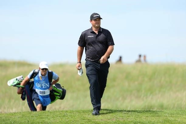 Patrick Reed of the United States looks on during a practice round for The 149th Open at Royal St George’s Golf Club on July 11, 2021 in Sandwich,...