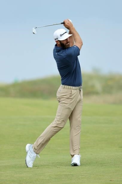 Dustin Johnson of the United States plays a shot during a practice round for The 149th Open at Royal St George’s Golf Club on July 11, 2021 in...