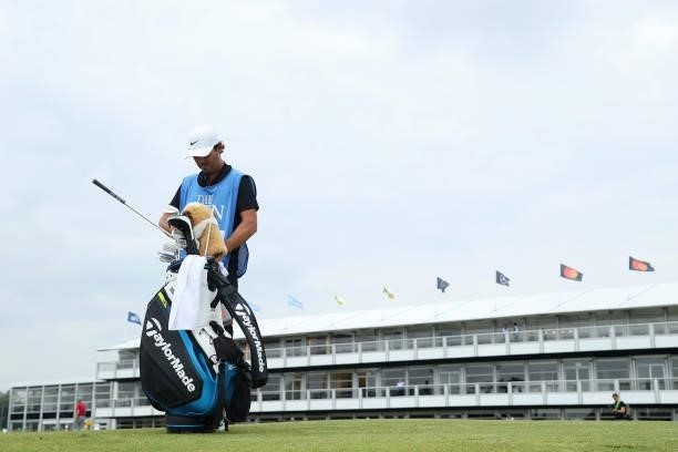 Caddie, Harry Diamond during a practice day prior to The 149th Open at Royal St George’s Golf Club on July 11, 2021 in Sandwich, England.