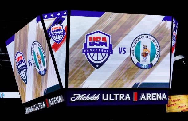 The scoreboard shows the team logos of the United States and Nigeria during their exhibition game at Michelob ULTRA Arena ahead of the Tokyo Olympic...