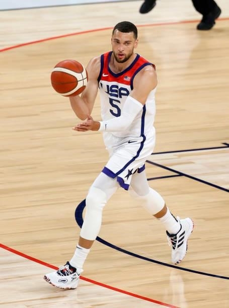 Zach LaVine of the United States passes against Nigeria during an exhibition game at Michelob ULTRA Arena ahead of the Tokyo Olympic Games on July...
