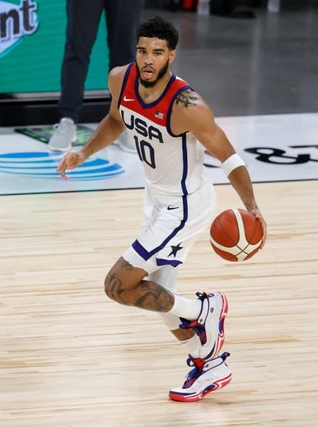 Jayson Tatum of the United States brings the ball up the court against Nigeria during an exhibition game at Michelob ULTRA Arena ahead of the Tokyo...