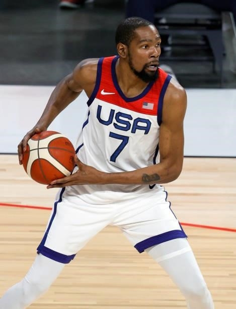 Kevin Durant of the United States looks to pass against Nigeria during an exhibition game at Michelob ULTRA Arena ahead of the Tokyo Olympic Games on...
