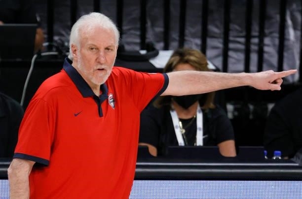 Head coach Gregg Popovich of the United States gestures during an exhibition game against Nigeria at Michelob ULTRA Arena ahead of the Tokyo Olympic...