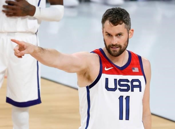 Kevin Love of the United States reacts after getting called for a foul during an exhibition game against Nigeria at Michelob ULTRA Arena ahead of the...