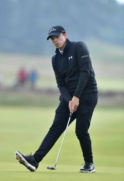 Matthew Fitzpatrick of England reacts to his putt on the 18th green during Day Four of the abrdn Scottish Open at The Renaissance Club on July 11,...