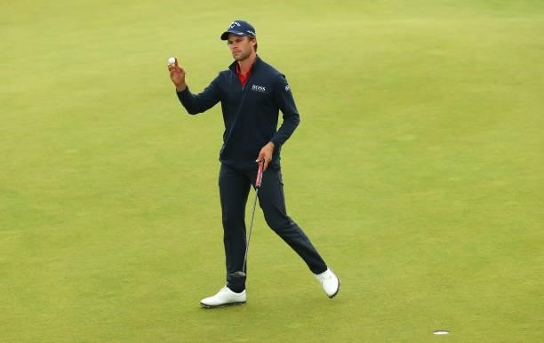 Thomas Detry of Belgium reacts after his putt on the 18th green during Day Four of the abrdn Scottish Open at The Renaissance Club on July 11, 2021...