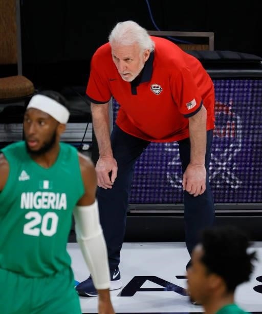 Head coach Gregg Popovich of the United States looks on during an exhibition game against Nigeria at Michelob ULTRA Arena ahead of the Tokyo Olympic...