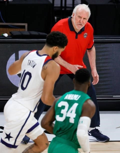 Head coach Gregg Popovich of the United States reacts on the sideline as Jayson Tatum of the United States brings the ball up the court against Ike...