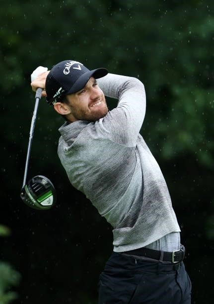 Patrick Rodgers plays his shot from the second tee during the final round of the John Deere Classic at TPC Deere Run on July 11, 2021 in Silvis,...