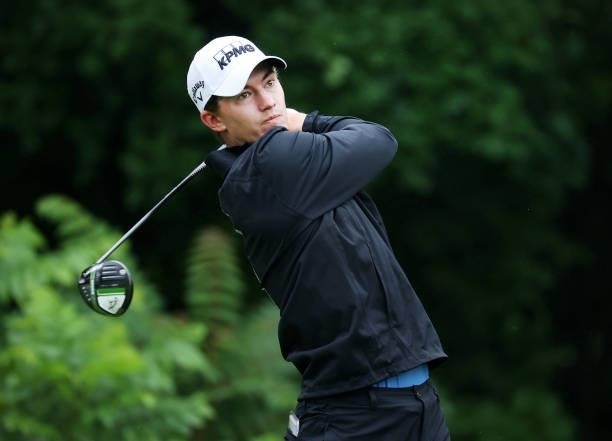 Maverick McNealy plays his shot from the second tee during the final round of the John Deere Classic at TPC Deere Run on July 11, 2021 in Silvis,...