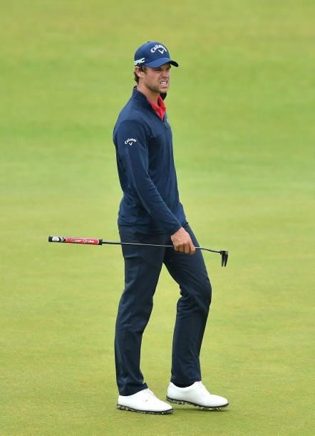 Thomas Detry of Belgium reacts to his putt on the 18th green in the play-off during Day Four of the abrdn Scottish Open at The Renaissance Club on...