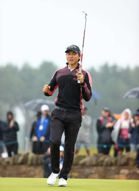 Min Woo Lee of Australia celebrates on the18th green after victory in the play-off hole during Day Four of the abrdn Scottish Open at The Renaissance...