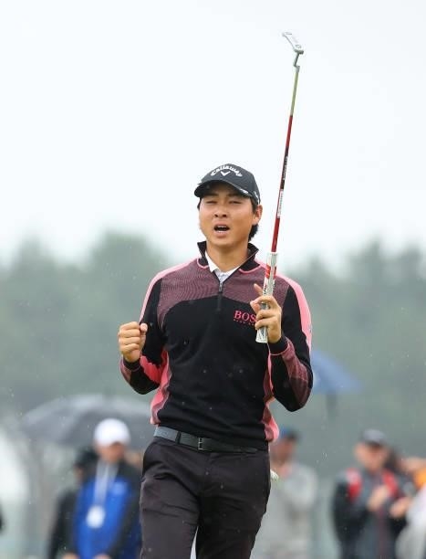 Min Woo Lee of Australia celebrates on the18th green after victory in the play-off hole during Day Four of the abrdn Scottish Open at The Renaissance...