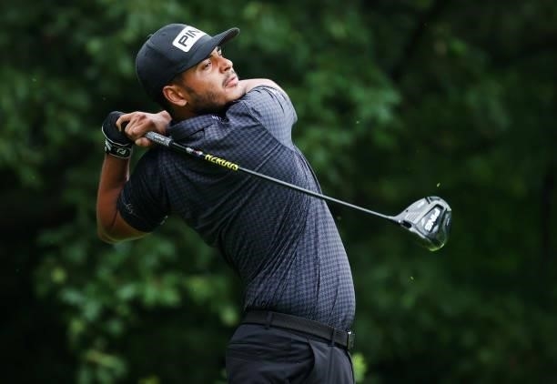 Sebastian Munoz of Colombia plays his shot from the second tee during the final round of the John Deere Classic at TPC Deere Run on July 11, 2021 in...
