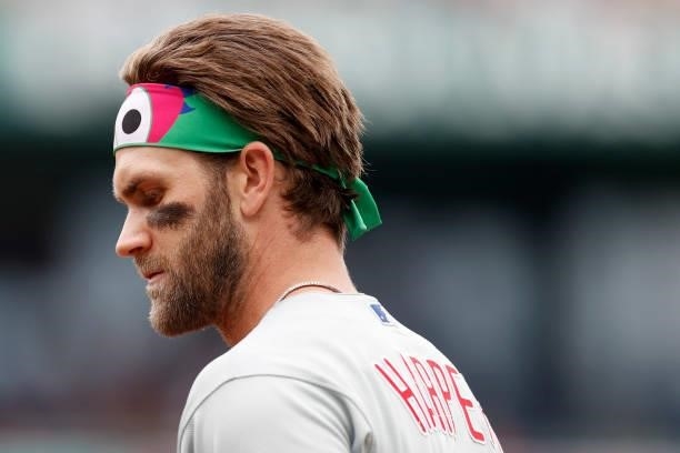 Bryce Harper of the Philadelphia Phillies looks on during the second inning against the Boston Red Sox at Fenway Park on July 11, 2021 in Boston,...