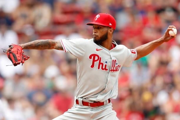 Christopher Sanchez of the Philadelphia Phillies pitches against the Boston Red Sox during the third inning at Fenway Park on July 11, 2021 in...