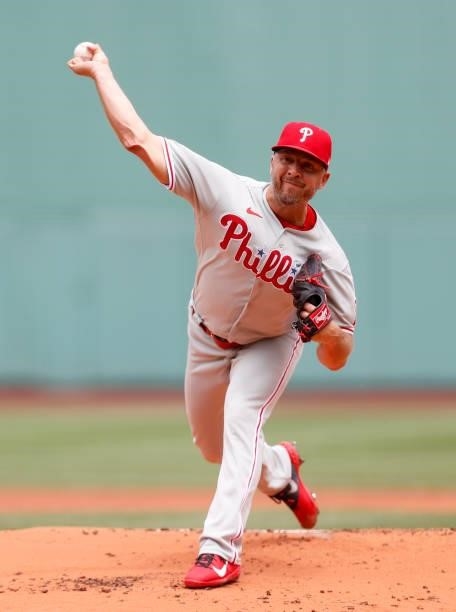 Starting pitcher Brandon Kintzler of the Philadelphia Phillies throws against the Boston Red Sox during the first inning at Fenway Park on July 11,...