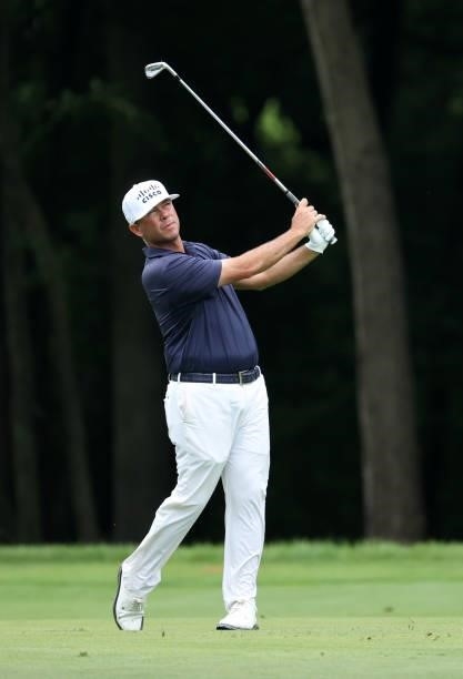 Chez Reavie plays his second shot o the sixth hole during the final round of the John Deere Classic at TPC Deere Run on July 11, 2021 in Silvis,...