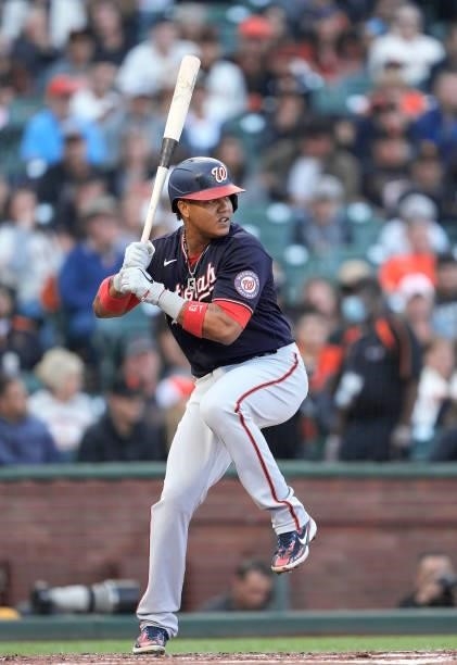Starlin Castro of the Washington Nationals bats against the San Francisco Giants in the top of the second inning at Oracle Park on July 09, 2021 in...