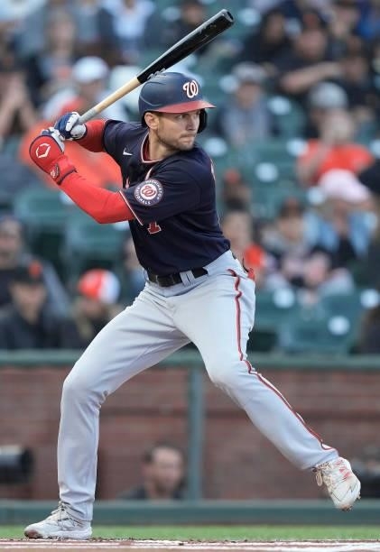 Trea Turner of the Washington Nationals bats against the San Francisco Giants in the top of the first inning at Oracle Park on July 09, 2021 in San...