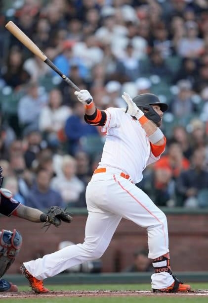 Brandon Crawford of the San Francisco Giants bats against the Washington Nationals in the bottom of the first inning at Oracle Park on July 09, 2021...