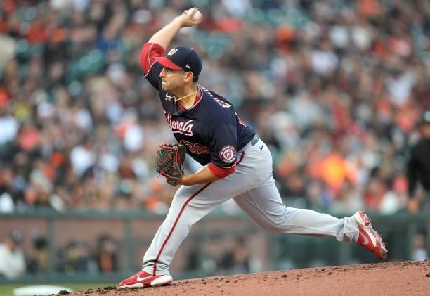 Paolo Espino of the Washington Nationals pitches against the San Francisco Giants in the bottom of the first inning at Oracle Park on July 09, 2021...
