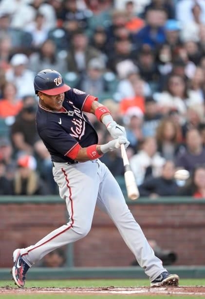 Starlin Castro of the Washington Nationals bats against the San Francisco Giants in the top of the second inning at Oracle Park on July 09, 2021 in...