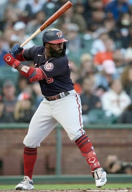 Josh Harrison of the Washington Nationals bats against the San Francisco Giants in the top of the second inning at Oracle Park on July 09, 2021 in...