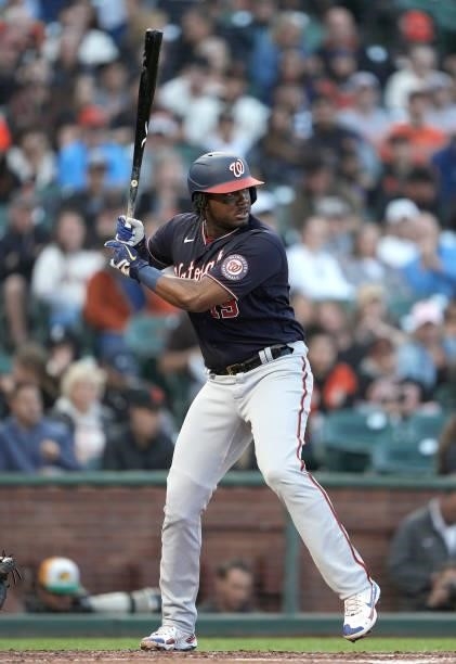 Josh Bell of the Washington Nationals bats against the San Francisco Giants in the top of the fourth inning at Oracle Park on July 09, 2021 in San...