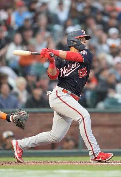 Gerardo Parra of the Washington Nationals hits an RBI single scoring Tres Barrera against the San Francisco Giants in the top of the fourth inning at...